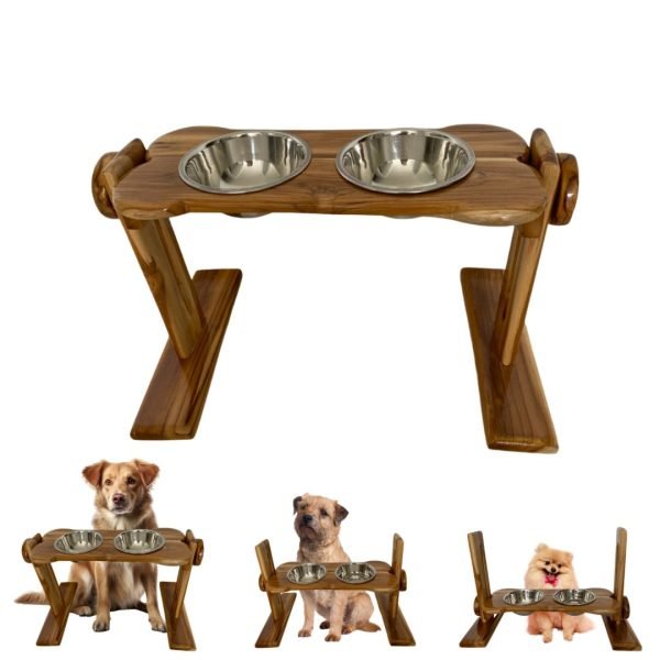 Comedero elevado graduable teca natural perritos